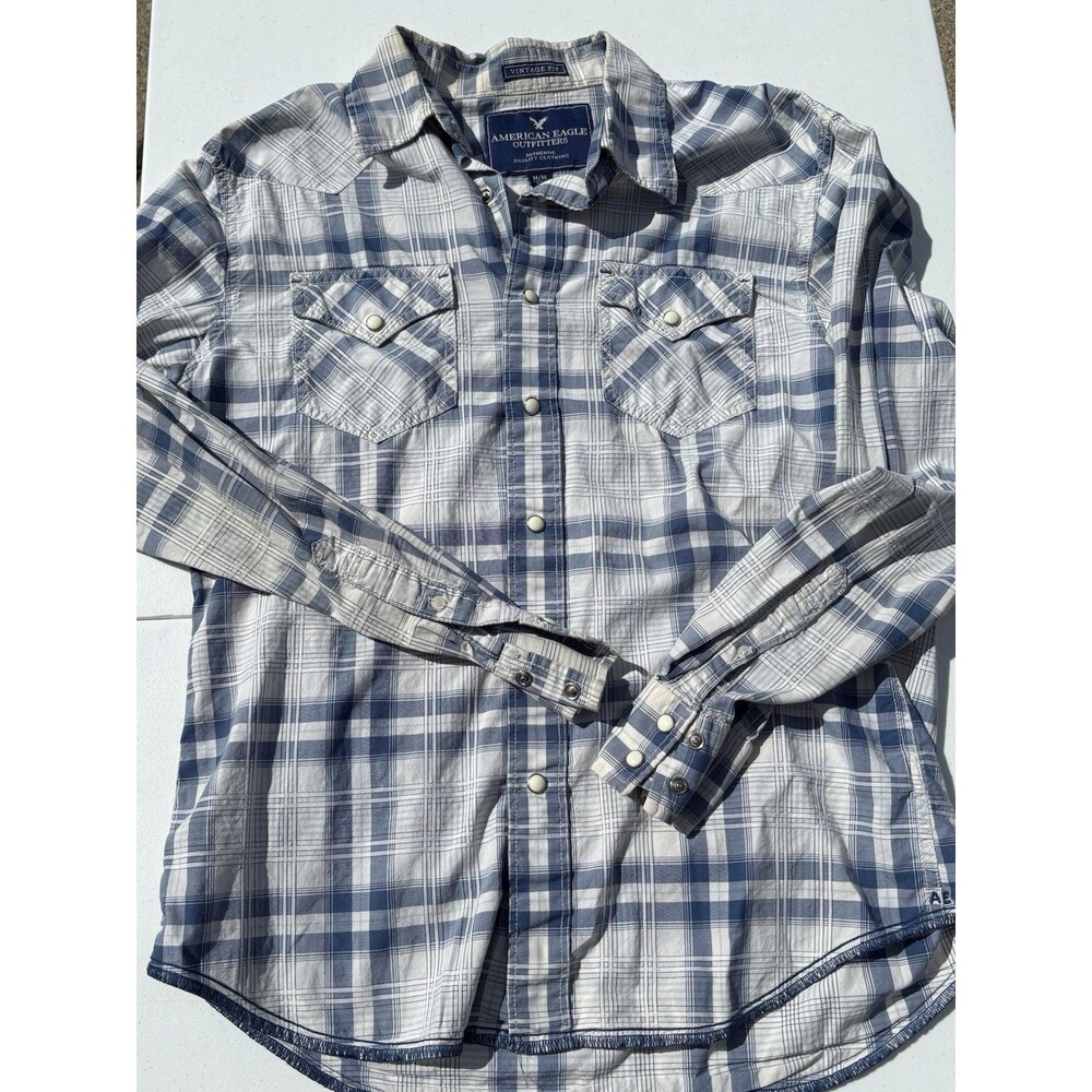 American Eagle Western Shirt Men's Med Blue Plaid Pearl Snap Cowboy Rodeo